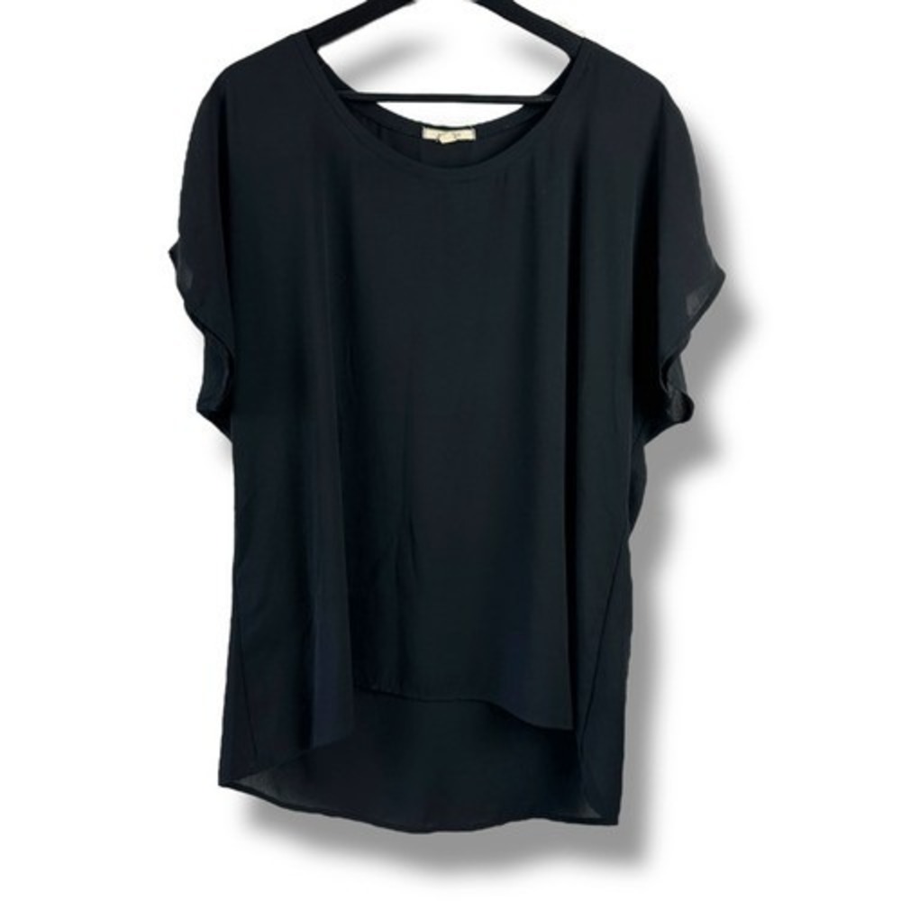 Pleione Womens Black Short Sleeve Scoop Neck‎ High Low Chiffon Blouse Large USA
